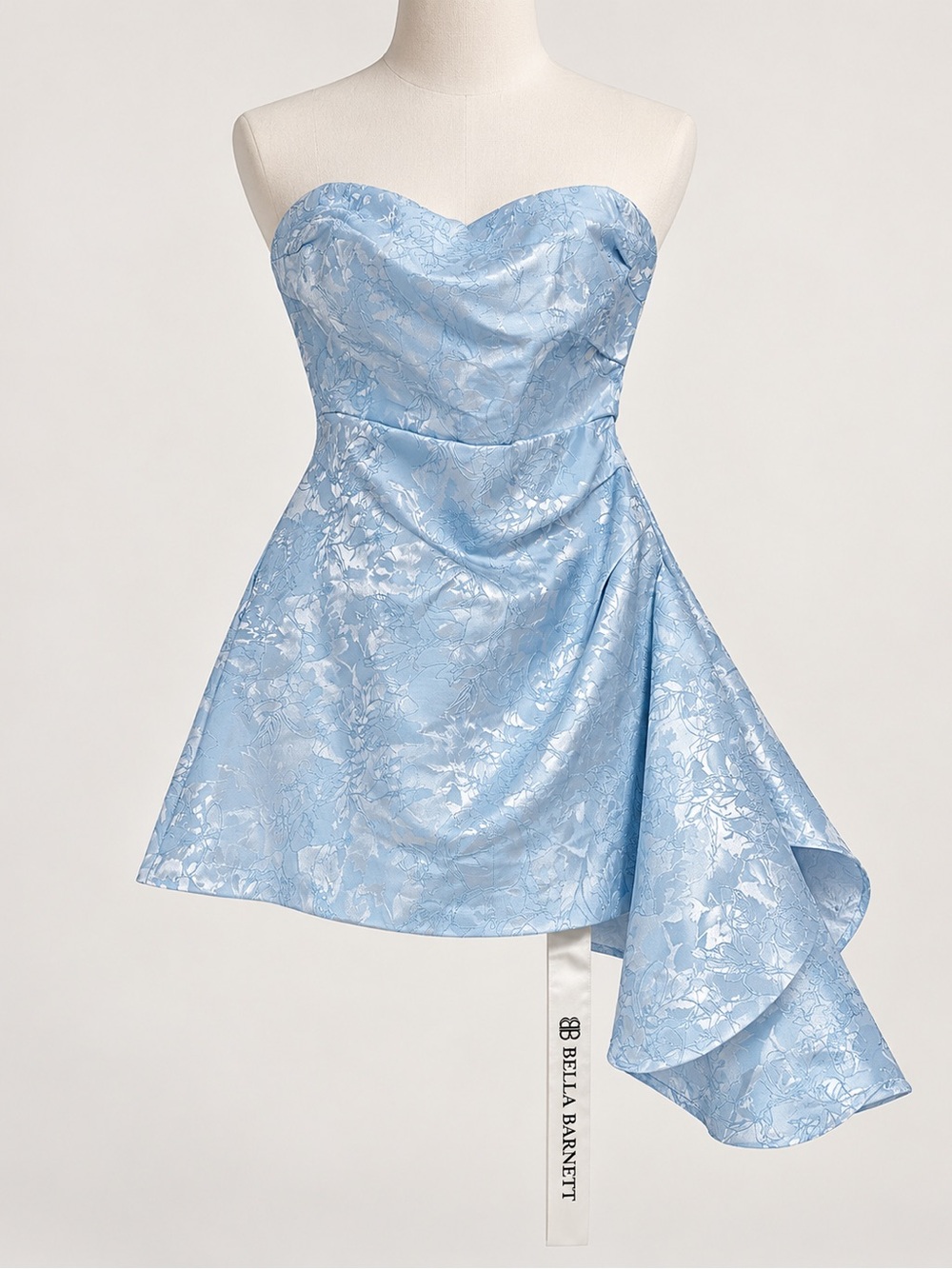 Bella Barnett Light Blue Strapless Mini Dress with Draped Hem